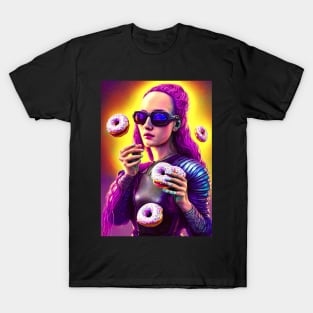 surreal donut goddess with sunglasses and psychedelic pink hair steampunk style T-Shirt